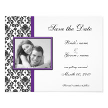 Purple and Black Damask Save the Date Photo Cards