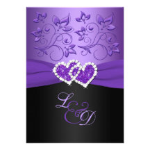 Purple and Black Joined Hearts Monogrammed Invite