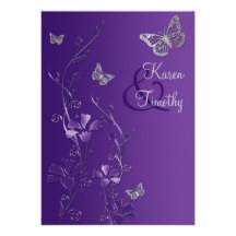 Purple and Silver Floral with Butterflies on Linen Personalized Announcements
