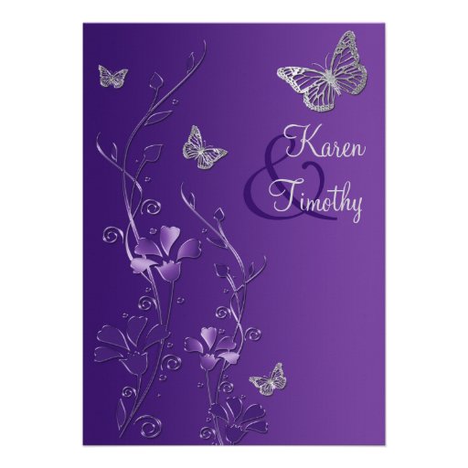 Purple and Silver Floral with Butterflies on Linen Personalized Announcements