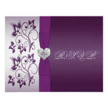 Purple and Silver Floral with Silver Heart RSVP Invite