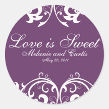 Purple and White Damask Monogram Round Stickers