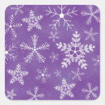 Purple and White Snowflake Pattern Square Stickers