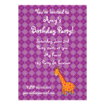 Purple argyle giraffe birthday invitations