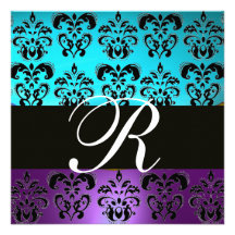 PURPLE BLACK BLUE TURQUASE DAMASK MONOGRAM white Custom Invitation