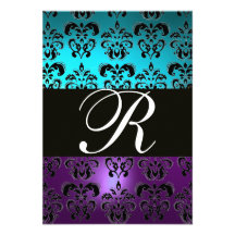 PURPLE BLACK DAMASK MONOGRAM RSVP ,blue turquase Announcements