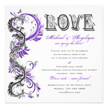 Purple black floral swirl engagement invite