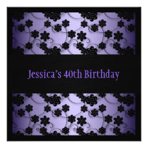Purple & Black Flowers 40th Birthday Personalized Invites