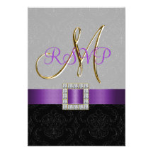 Purple Black Grey Damask Gold Initial Wedding RSVP Personalized Invites
