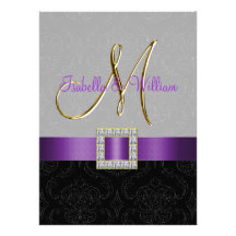 Purple Black Grey Damask Initial Wedding Invite