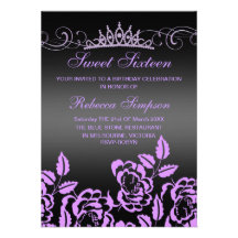 Purple & Black Rose & Tiara Birthday Invitation