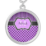 Purple Black White Polka Dot Striped Necklace