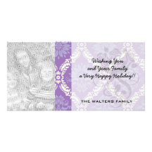 purple cream damask pattern personalised photo card