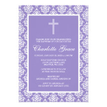 Purple Damask Cross Girl Baptism Christening Invites