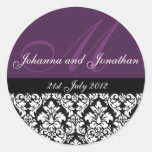 Purple Damask Monogram Wedding Stickers