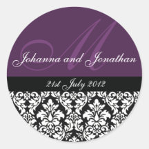 Purple Damask Monogram Wedding Stickers