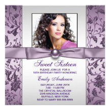 Purple Damask Photo Sweet Sixteen Birthday Party Announcement