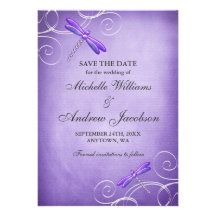Purple Dragonfly Swirls Wedding Save the Date Invitation