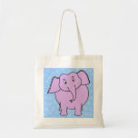 Purple Elephant Cartoon. Blue Floral Background. Canvas Bags