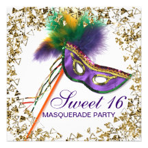 Purple Feather Mask Sweet 16 Masquerade Party Announcement