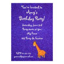 Purple glitter giraffe birthday invitations