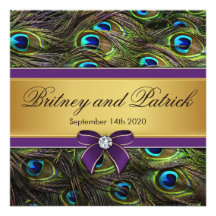 Purple & Gold Peacock Feather Wedding Invitations
