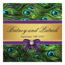 Purple & Gold Peacock Feather Wedding Invitations