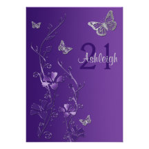 Purple, Grey Flowers & Butterflies 21st Invitation