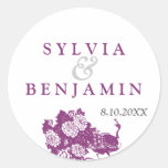 Purple grey peacock garden chic wedding favour sea round stickers