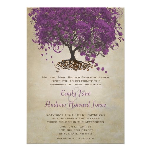 Purple Heart Leaf Tree Wedding Invites