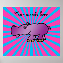 Purple hippo on pink sunburst poster