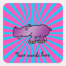 Purple hippo on pink sunburst square stickers