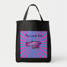 Purple hippo on pink sunburst tote bags