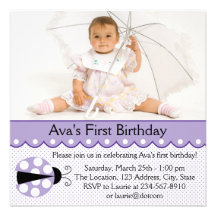 Purple Ladybug Girl Photo 1st Birthday Party Announcements