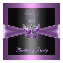Purple Mauve Black Butterfly 30th Birthday Party Personalised Invitations