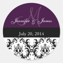 Purple Monogram Damask for Weddings Stickers