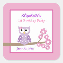 Purple Owl Girl Square Favour Stickers (6 Large)
