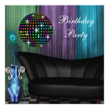 Purple Peacock Mirror Ball Disco Birthday Party Personalized Announcements