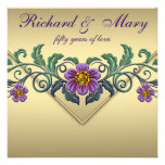 Purple Petunia Gold 50th Wedding Anniversary Personalized Announcements