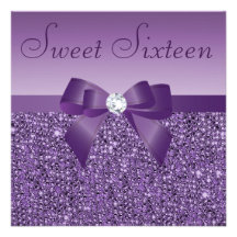 Purple Printed Sequins Bow & Diamond Sweet 16 Invites