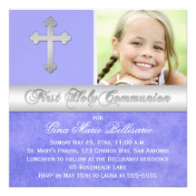 Purple Silver 1st Holy Communion Photo Invitation