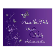 Purple, Silver Butterflies Save the Date Postcard