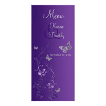 Purple Silver Butterfly Floral Menu Card Customised Rack Card