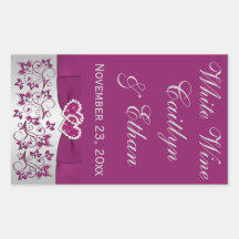 Purple, Silver Gray Floral Wedding Wine Bottle Rectangle Stickers