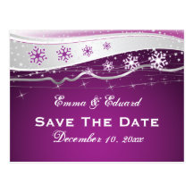 Purple silver grey snowflake wedding Save the Date Postcard