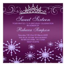 Purple Snowflake & Tiara Design Birthday Invite
