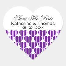 Purple Striped Hearts Save The Date Stickers