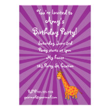 Purple sunburst giraffe birthday invitations