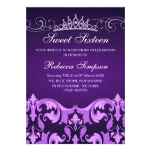 Purple Sweet16 Damask & Tiara Birthday Invitation