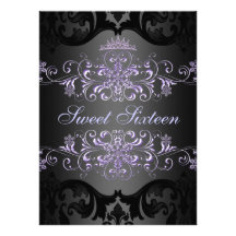 Purple Sweet16 Tiara Damask Birthday Invite